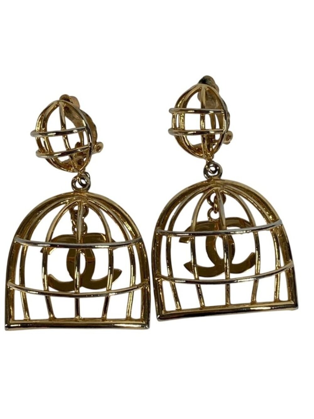 Chanel Earrings Birdcage CC Logo Vintage Metal Gold